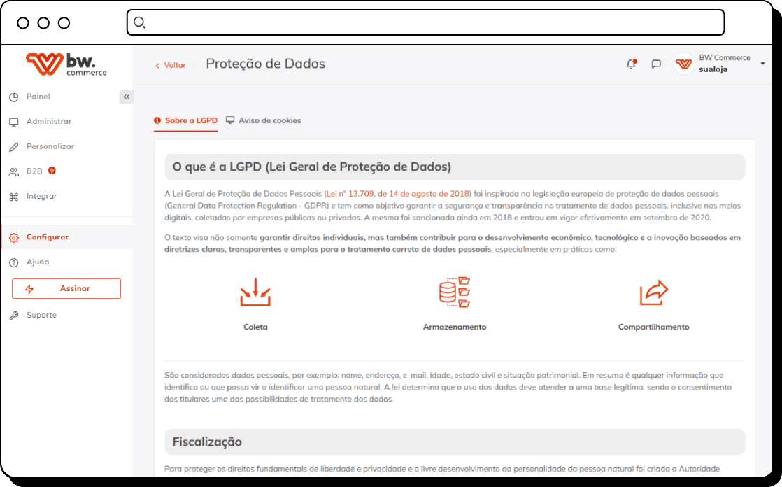 Captura da tela da Central de Proteção de Dados da plataforma BW Commerce